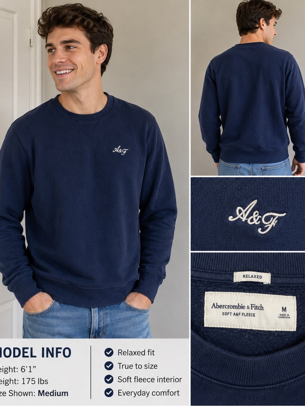 Abercrombie & Fitch Men’s Medium Navy Crewneck Sweatshirt A&F Fleece Logo - Picture 1 of 6